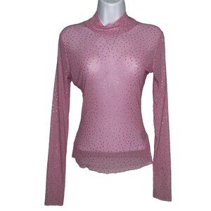 AFRM Mock Neck Mesh Shirt Top Size S Sheer Pink Rhinestones Sheet Long Sleeves
